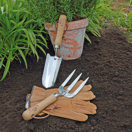 tuingereedschapset RVS/hout/leer bruin 3-delig