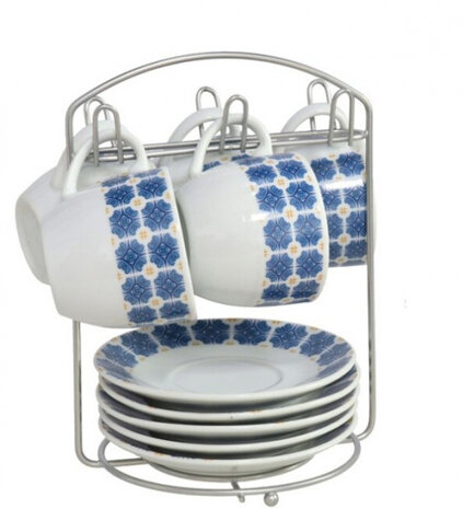 koffieset 80 ml porselein blauw/wit 13-delig