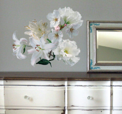 muursticker White Flowers 50 x 70 cm vinyl wit/groen