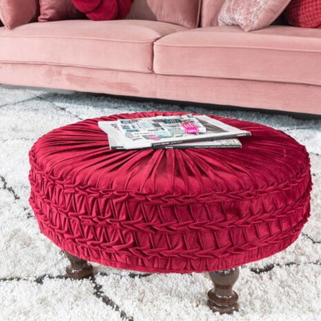 poef Evie 60 x 60 x 40 cm textiel/hout donkerrood