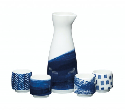 sakeset 400 ml / 50 ml porselein blauw 5-delig