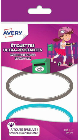 etiketten ovaal 9 x 4 cm papier grijs/blauw 15 stuks