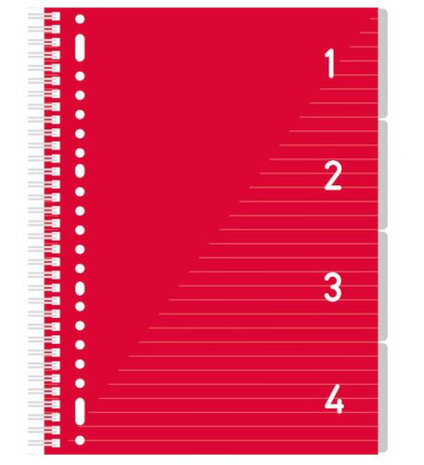 schrijfblok 4-in-1 gelinieerd A4 papier rood/wit