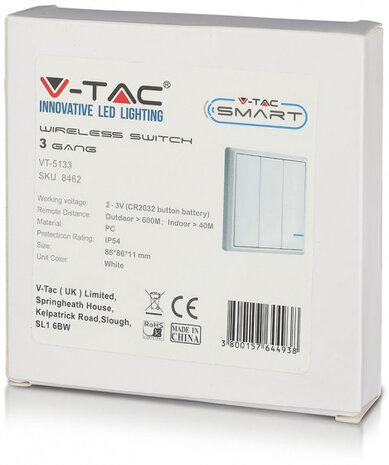 schakelaar VT-5133 draadloos IP54 8 cm polycarbonaat wit