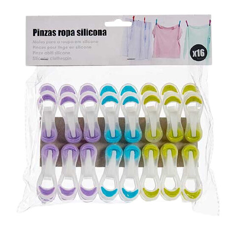 wasknijpers siliconen groen/paars/blauw 16 stuks
