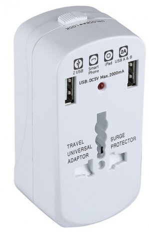 reisadapter universeel 2USB 2A 2500W 9,5 x 5 cm wit