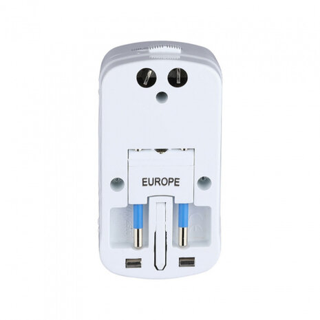 reisadapter universeel 2USB 2A 2500W 9,5 x 5 cm wit
