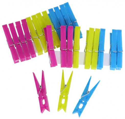 wasknijpers 9,5 x 2 cm roze/geel/blauw 24-delig