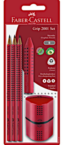 schrijfset Grip 18 cm hout/grafiet rood 5-delig
