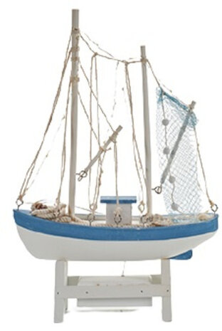 decoratiebeeld vissersboot 41,5 cm hout blauw/wit