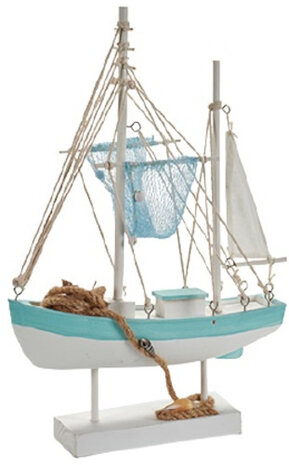 decoratiebeeld vissersboot 42 cm hout turquoise/wit