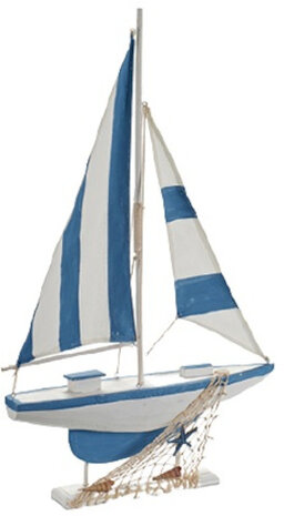 decoratiebeeldje zeilboot 67 cm hout blauw/wit