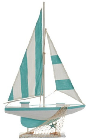 decoratiebeeldje zeilboot 67 cm hout turquoise/wit