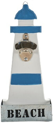 bieropener vuurtoren 31,5 cm hout/staal wit/blauw