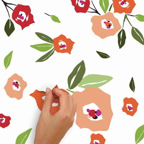 muursticker Floral vinyl groen/rood/oranje 42-delig