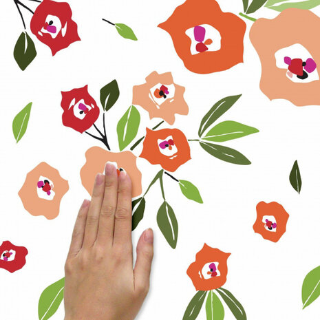 muursticker Floral vinyl groen/rood/oranje 42-delig