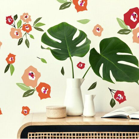 muursticker Floral vinyl groen/rood/oranje 42-delig