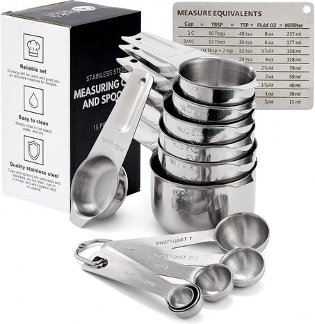 lepels- en maatbekers RVS zilver 15-delig