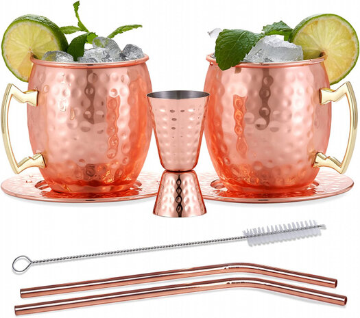cocktailmok Moscow Mule 550 ml RVS ros&eacute;goud 8-delig