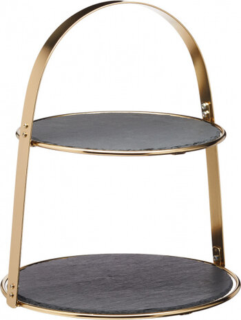 etag&egrave;re 2-laags 29,5 x 35 cm leisteen/staal zwart/goud
