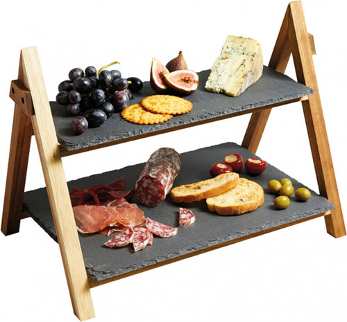 etag&egrave;re 2-laags 40 x 25 x 30 cm leisteen/hout zwart/naturel