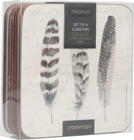 onderzetters Feathers 10,5 cm kurk cr&egrave;me 6 stuks