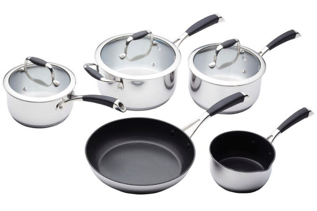 pannenset 14-24 cm RVS/glas zilver/zwart 5-delig