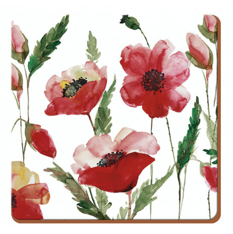 onderzetters Watercolour Poppies 10,5 cm kurk 6 stuks