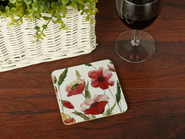 onderzetters Watercolour Poppies 10,5 cm kurk 6 stuks