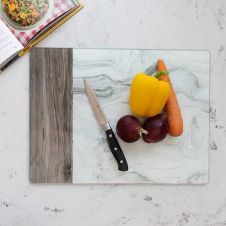 werkbladbeschermer Marble 40 x 30 cm glas wit/grijs