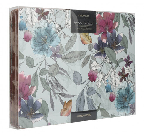 placemats Butterfly Floral 30 x 23 cm kurk 6 stuks
