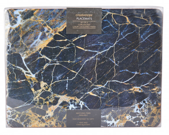 placemats Navy Marble 30 x 23 cm kurk navy 6 stuks