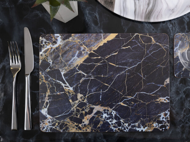 placemats Navy Marble 30 x 23 cm kurk navy 6 stuks