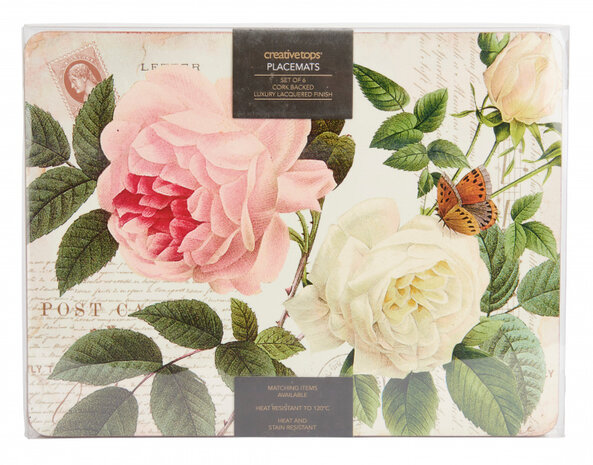 placemats Rose Garden 30 x 23 cm kurk cr&egrave;me 6 stuks