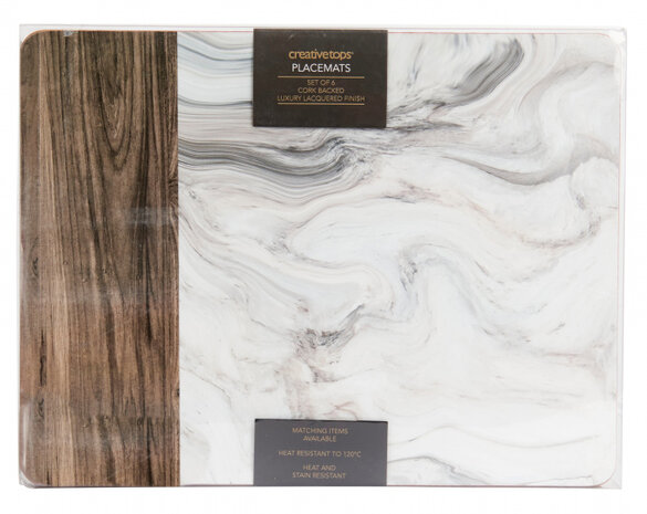 placemats Marble 30 x 23 cm kurk wit/grijs 6 stuks