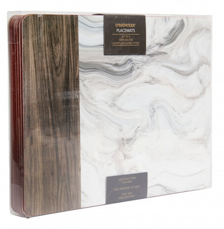 placemats Marble 30 x 23 cm kurk wit/grijs 6 stuks