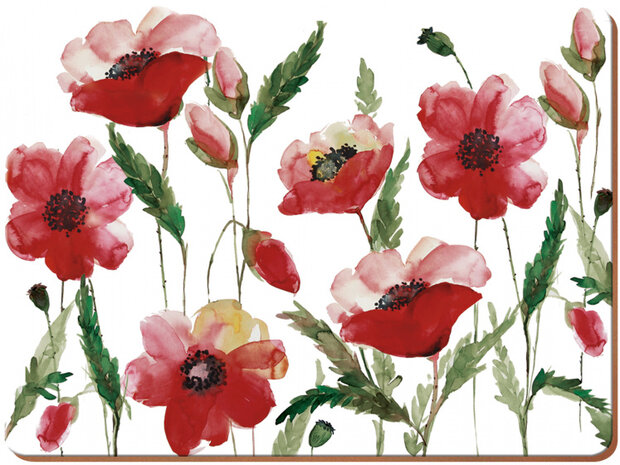 placemats Color Poppies 40 x 29 cm kurk rood 4 stuks