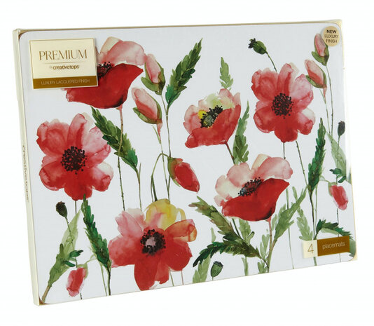 placemats Color Poppies 40 x 29 cm kurk rood 4 stuks