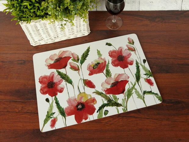 placemats Color Poppies 40 x 29 cm kurk rood 4 stuks
