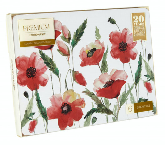 placemats Colour Poppies 30 x 23 cm kurk rood 6 stuks