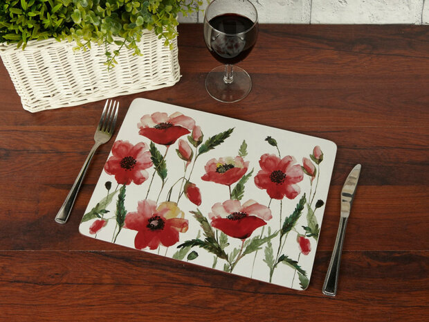 placemats Colour Poppies 30 x 23 cm kurk rood 6 stuks