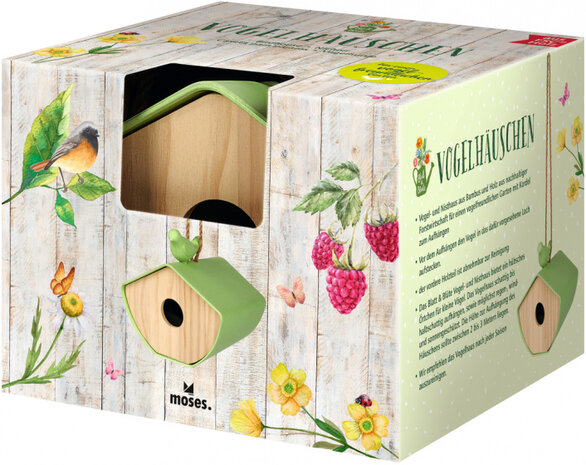 vogelhuisje 16 x 16 x 14,4 cm hout/bamboe naturel/groen
