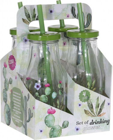 drinkflessen Cactus glas transparant/groen 4 stuks