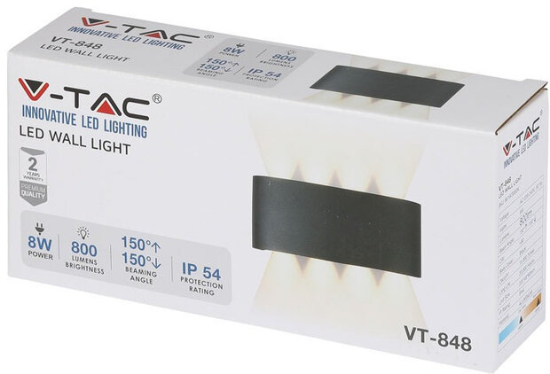 wandlamp VT-848 led 8W 3000K 800 lumen 22 x 9 cm zwart
