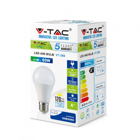 ledlamp VT-265 A60 E27 6,5W 6400K 806 lm IP20 wit