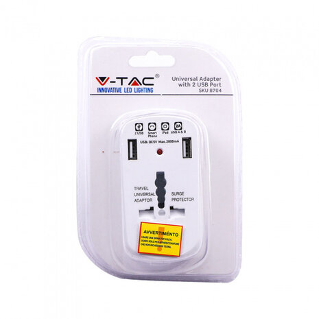 reisadapter universeel 2USB 2A 2500W 9,5 x 5 cm wit