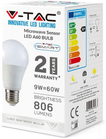 ledlamp VT-2219 A60 9W 6400K 806lm E27 wit