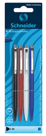 balpen K15 M navulbaar zwart/rood/wit/blauw 4 stuks