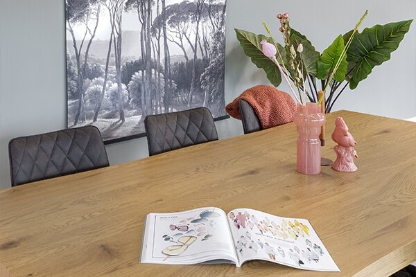 eettafel 220 x 100 x 76 cm staal/MDF zwart/naturel