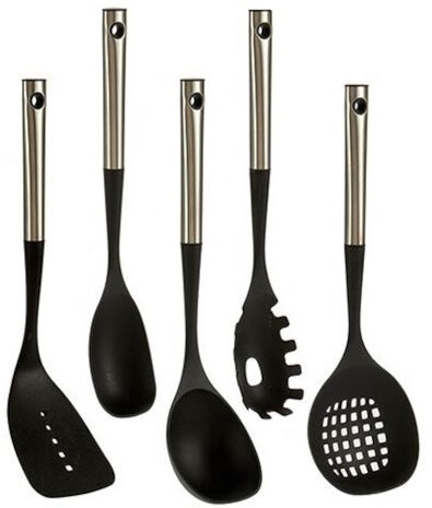 keukengerei 35 cm RVS/nylon zwart 5-delig